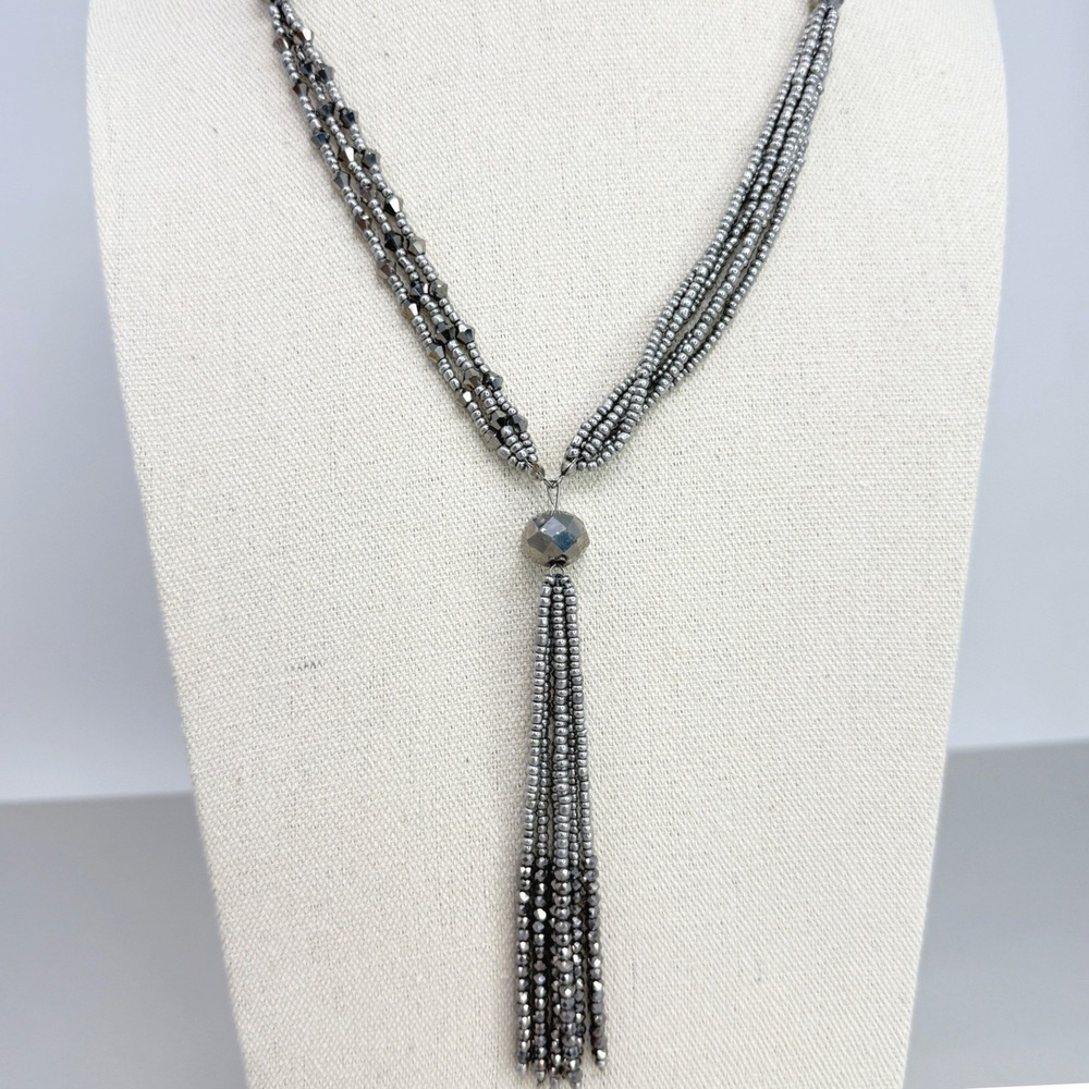 Beaded Tassel‎ Necklace Gunmetal Grey Multi Strand Metallic Seed Bead Statement
